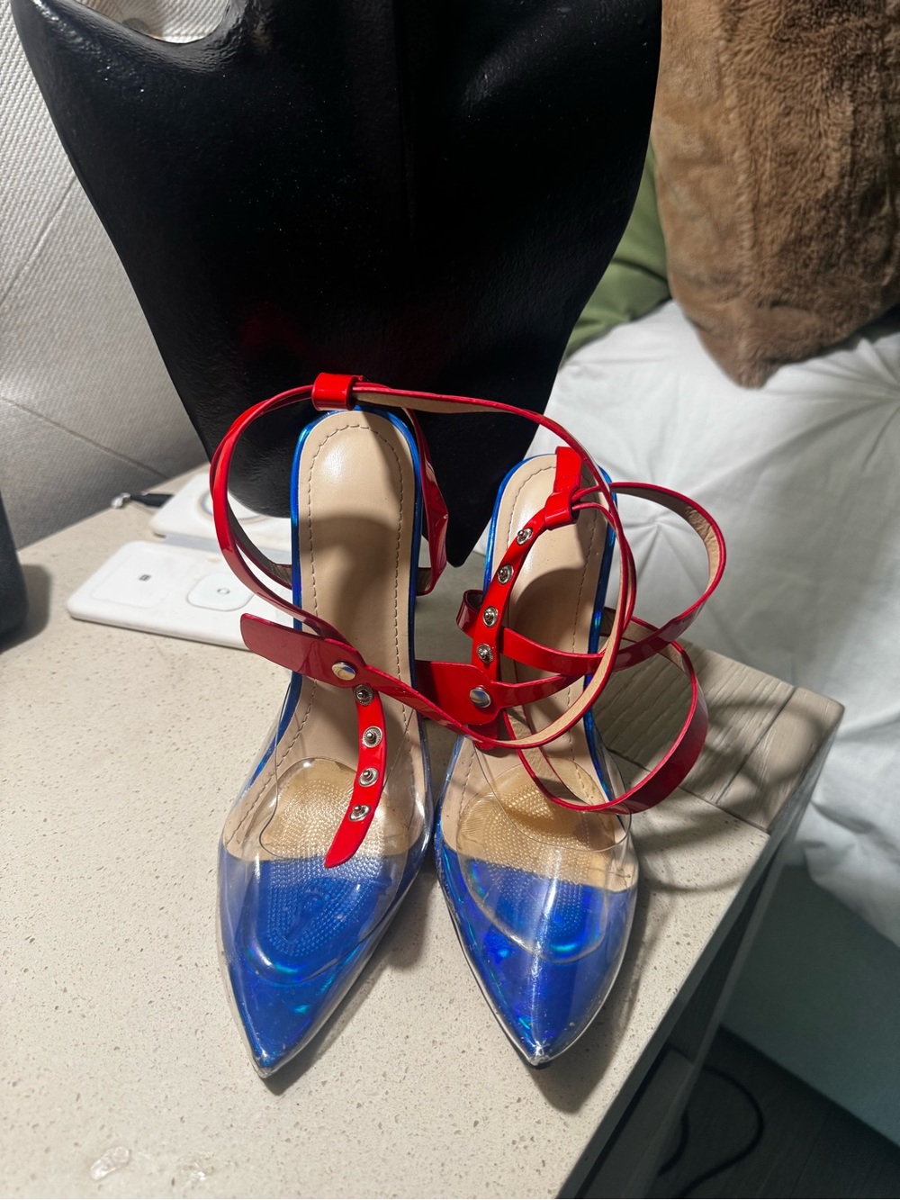 Red Strappy Clear Pointed-Toe Heels with Blue Toe Accent